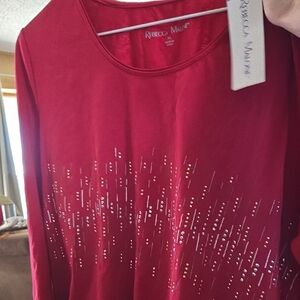 Rebecca Malone Red Long Sleeve Tee with Embellishments